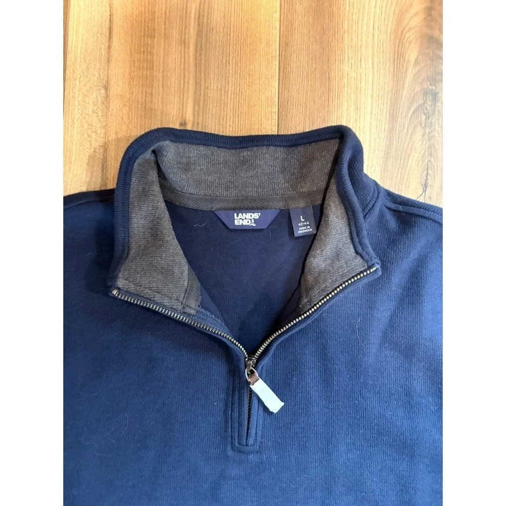 Lands End 1/4 Zip Pullover Sweater Men's Large Blue Leather Zipper Accents